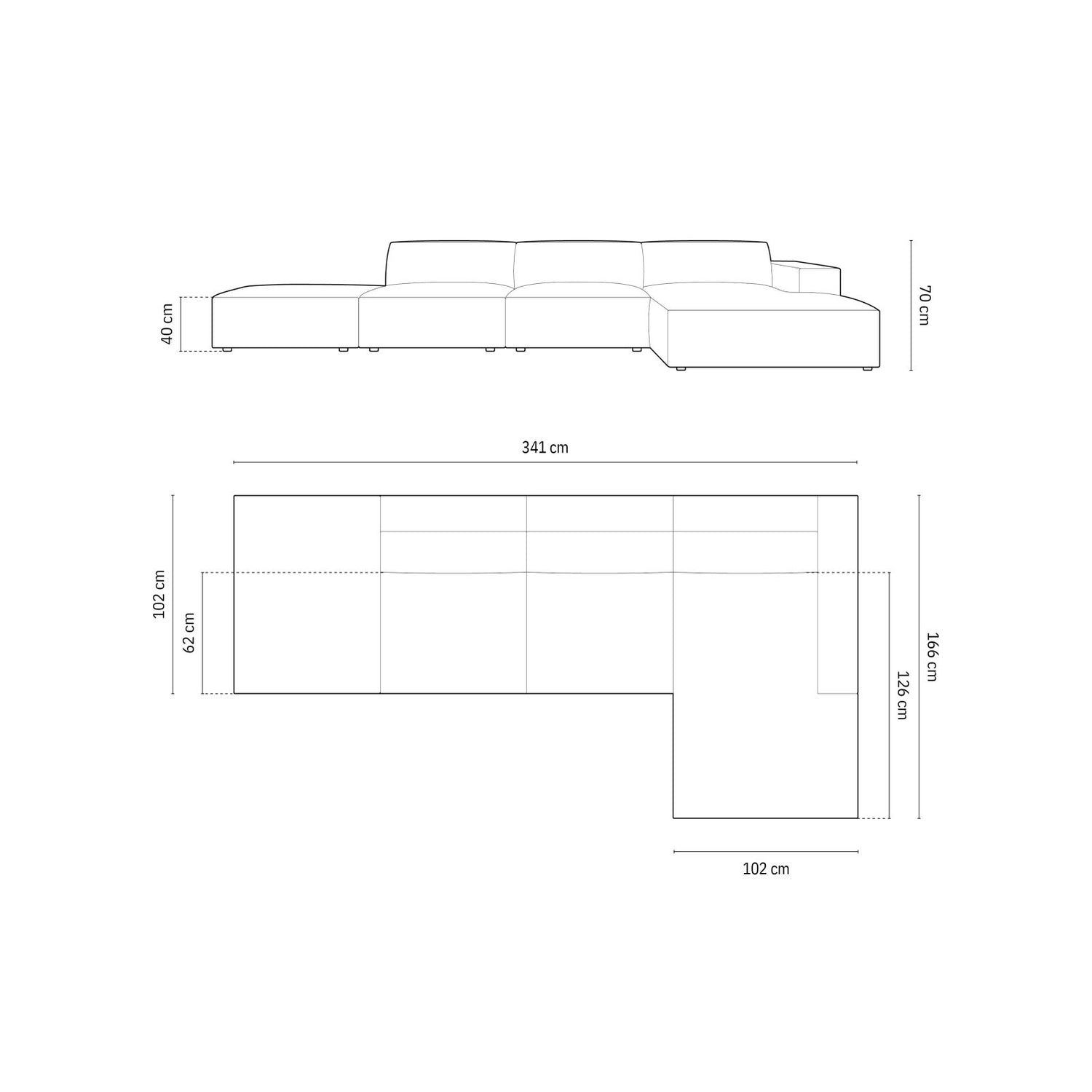Chicago 5-Sitzer Ecksofa, Rechte Seite, aus Samt oder Chenille, 341x166x70 cm von Cosmopolitan Design – Bild 2