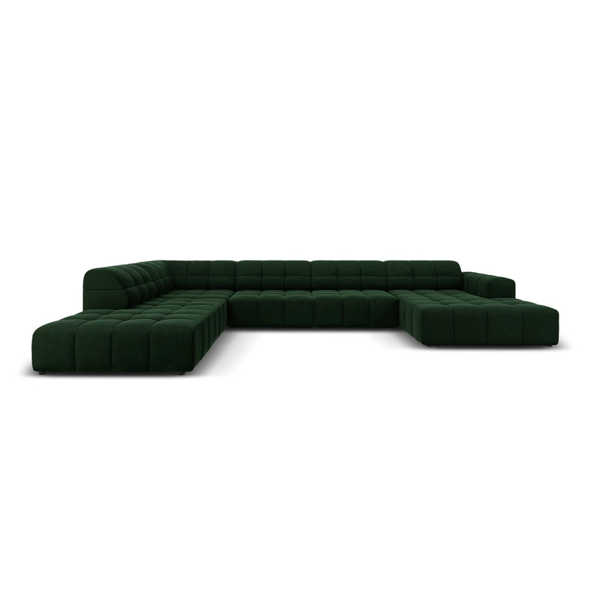 Chicago 7-Sitzer Panorama Ecksofa, Linke Seite, aus Samt in Flaschengrün (Bluvel 78), Beine aus Schwarzes Plastik, 364x262x70 cm von Cosmopolitan Design – Bild 1