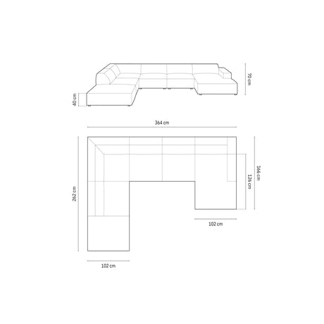 Chicago 7-Sitzer Panorama Ecksofa, Linke Seite, aus Samt in Silber (Bluvel 03), Beine aus Schwarzes Plastik, 364x262x70 cm von Cosmopolitan Design – Bild 2
