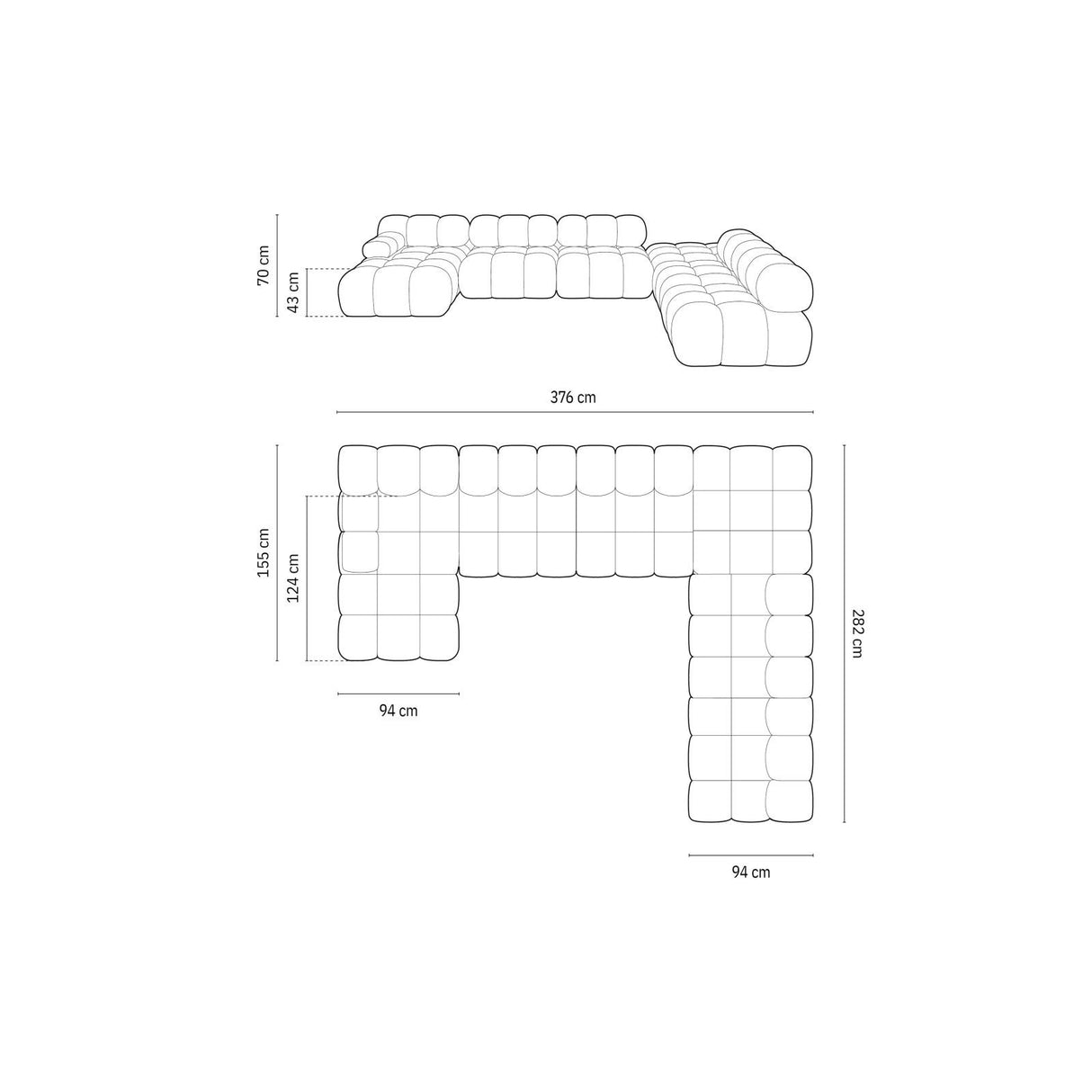 Cortina Modulares 7-Sitzer Panoramasofa, Rechte Seite, aus Samt in Schwarz (Bluvel 19), 376x282 cm von Cosmopolitan Design – Bild 2