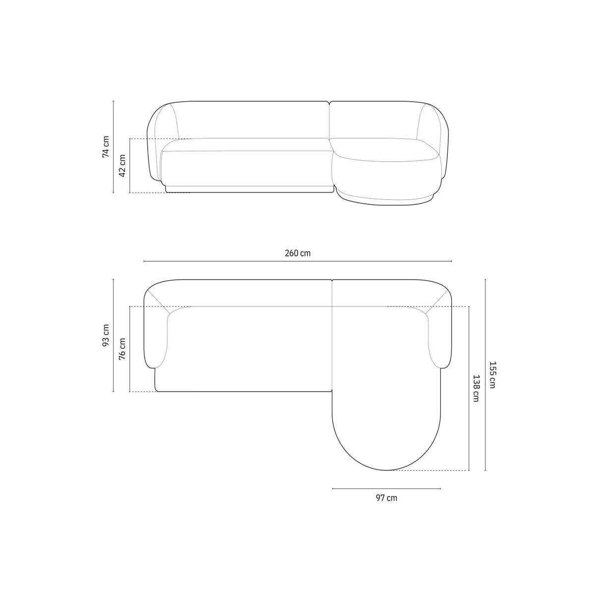 Gomera 4-Sitzer Ecksofa, Rechte Seite, aus Samt in Grau (Salvador 17), 260x155x74 cm von Cosmopolitan Design – Bild 2