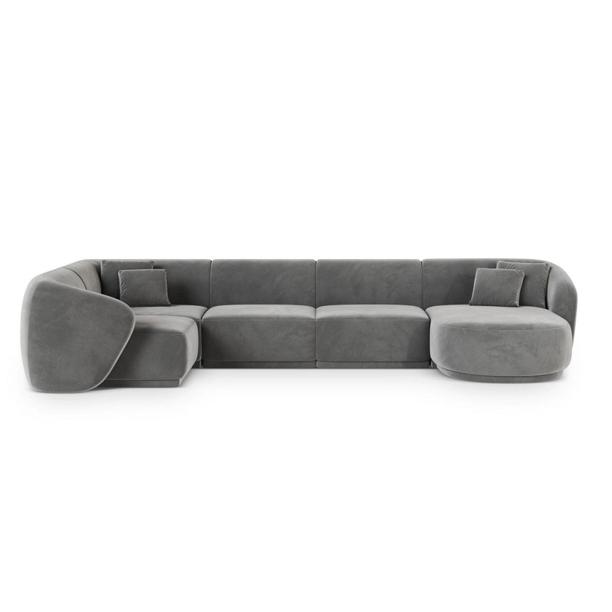 Gomera 6-Sitzer Panorama Ecksofa, Linke Seite, aus Samt in Grau (Salvador 17), Beine aus Schwarzes Plastik, 336x166x74 cm von Cosmopolitan Design – Bild 1