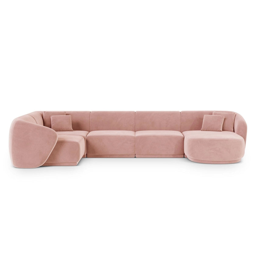 Gomera 6-Sitzer Panorama Ecksofa, Linke Seite, aus Samt in Rosa (Salvador 11), Beine aus Schwarzes Plastik, 336x166x74 cm von Cosmopolitan Design – Bild 1