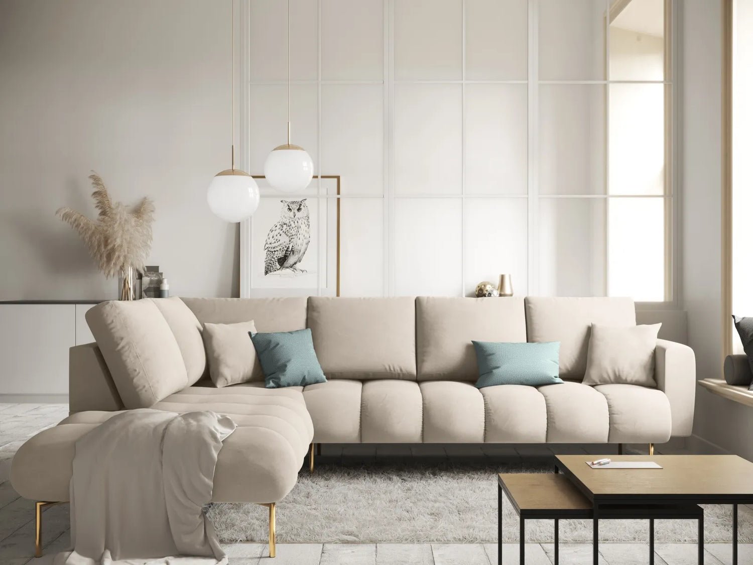 Hastings 5-Sitzer Ecksofa, Linke Seite, aus Samt in Beige (Fancy 06), 301x216x75 cm von Cosmopolitan Design – Bild 2