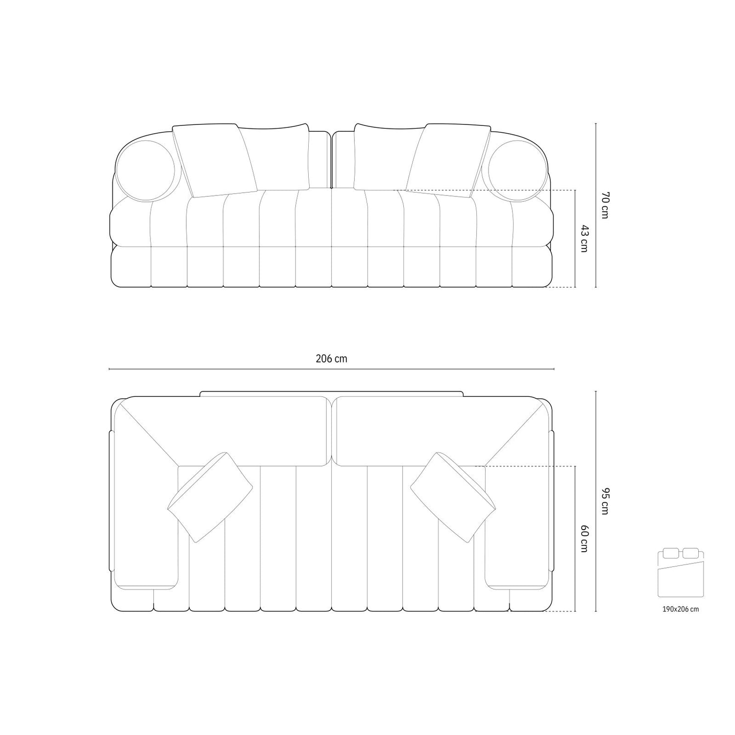 Kemi 3-Sitzer Sofa aus Samt, Boucle oder Chenille, 206x95x70 cm von Cosmopolitan Design – Bild 3