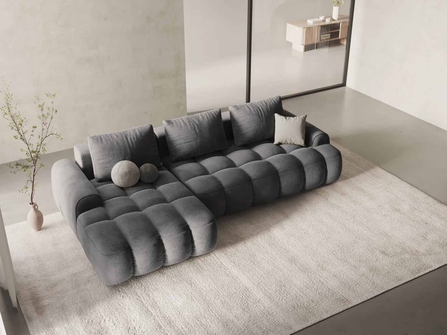 Linz 3-Sitzer Ecksofa mit Schlaffunktion, Linke Seite, aus Samt in Grau (Vogue 15), 275x142 cm von Cosmopolitan Design – Bild 2