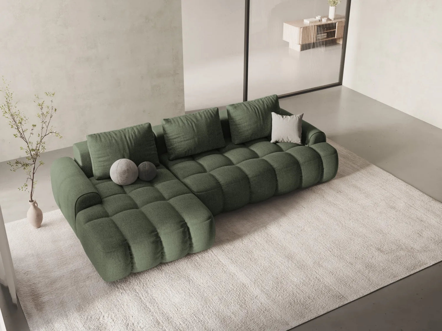 Linz 3-Sitzer Ecksofa mit Schlaffunktion, Linke Seite, aus Strukturierter Stoff in Dunkles olivgrün (Sorella 34), 275x142 cm von Cosmopolitan Design – Bild 2