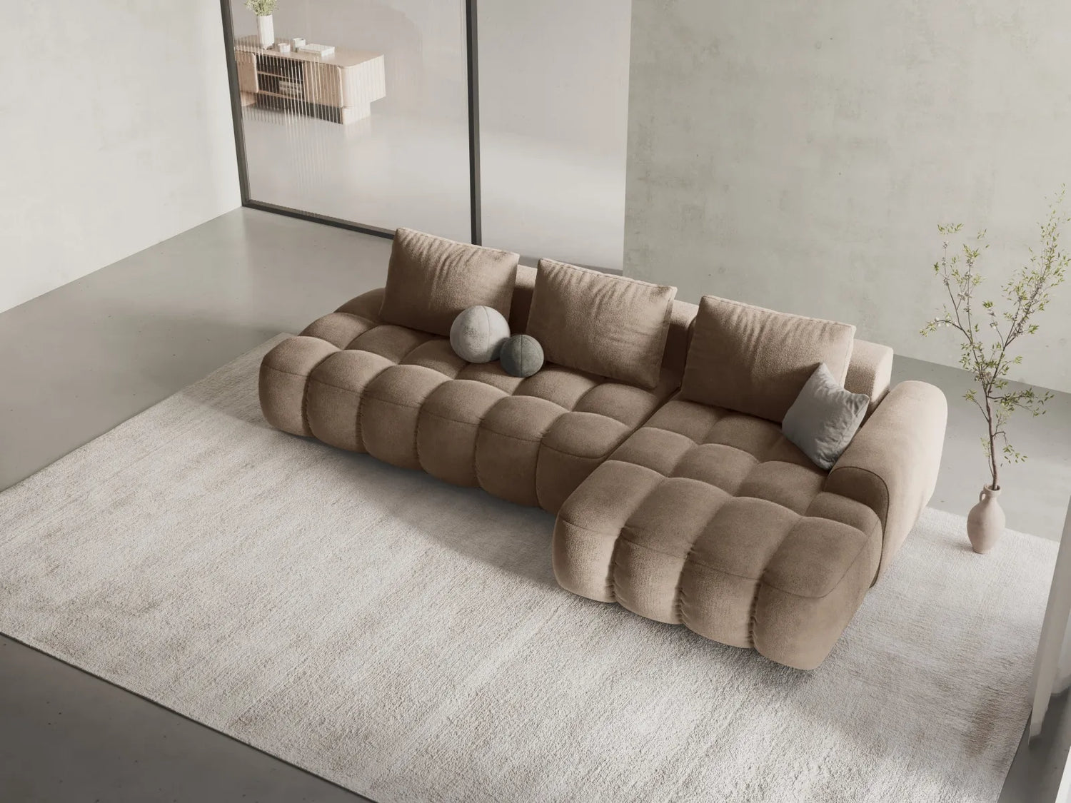 Linz 3-Sitzer Ecksofa mit Schlaffunktion, Rechte Seite, aus Samt in Dunkelbeige (Vogue 3), 275x142 cm von Cosmopolitan Design – Bild 2