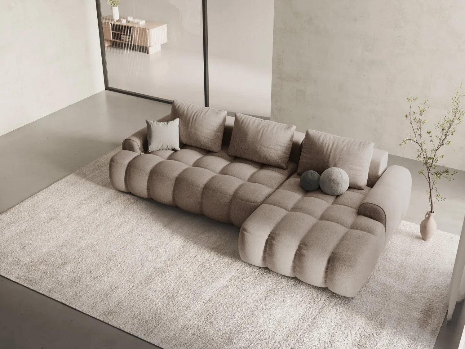 Linz 3-Sitzer Ecksofa mit Schlaffunktion, Rechte Seite, aus Strukturierter Stoff in Sand (Sorella 05), 275x142 cm von Cosmopolitan Design – Bild 2