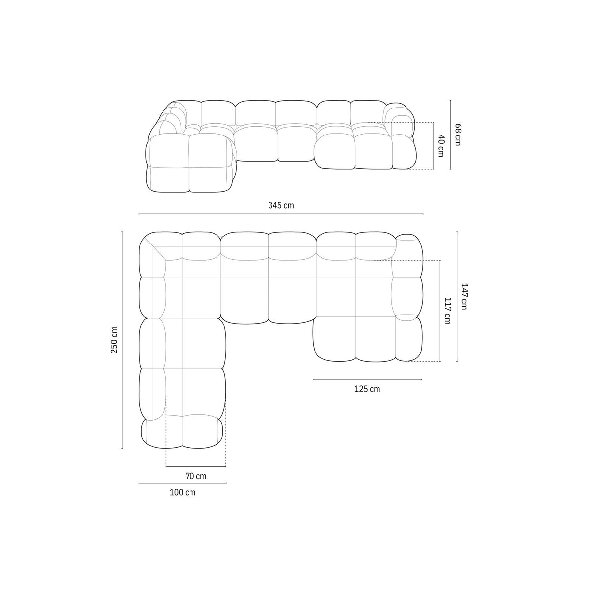Loretto 5-Sitzer Panorama Ecksofa, Linke Seite, aus Samt in Dunkelbeige (Vogue 3), Beine aus Schwarzes Plastik, 345x250x68 cm von Cosmopolitan Design – Bild 3