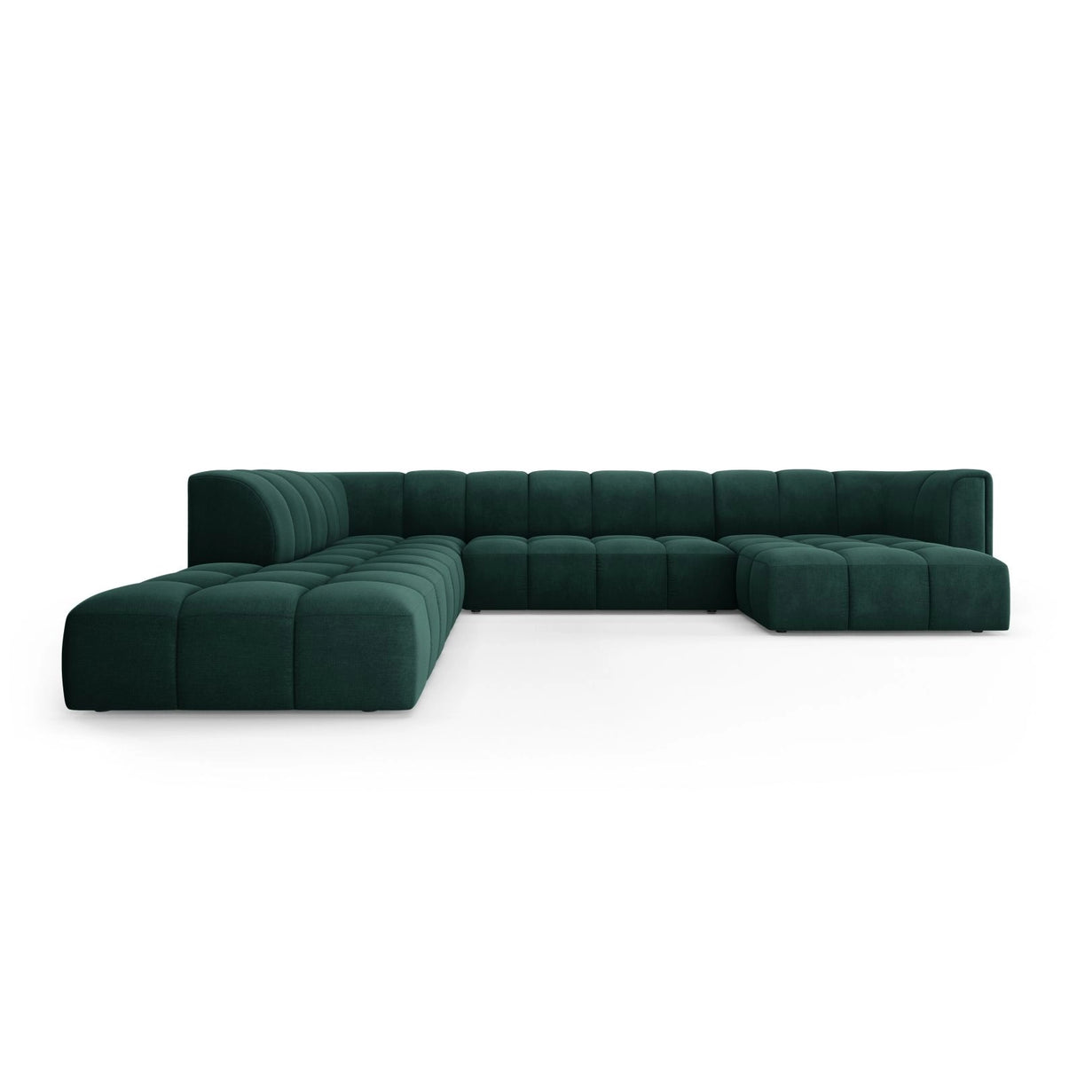 Moritz 7-Sitzer Panorama Ecksofa, Linke Seite, aus Chenille in Flaschengrün (Rebel 16), Beine aus Schwarzes Plastik, 329x276x70 cm von Cosmopolitan Design – Bild 1