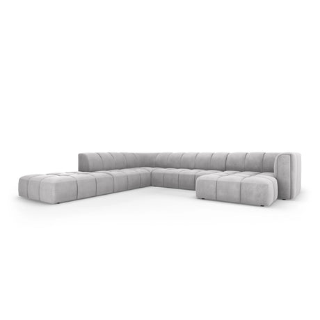 Moritz 7-Sitzer Panorama Ecksofa, Linke Seite, aus Chenille in Hellgrau (Rebel 5), Beine aus Schwarzes Plastik, 329x276x70 cm von Cosmopolitan Design – Bild 2