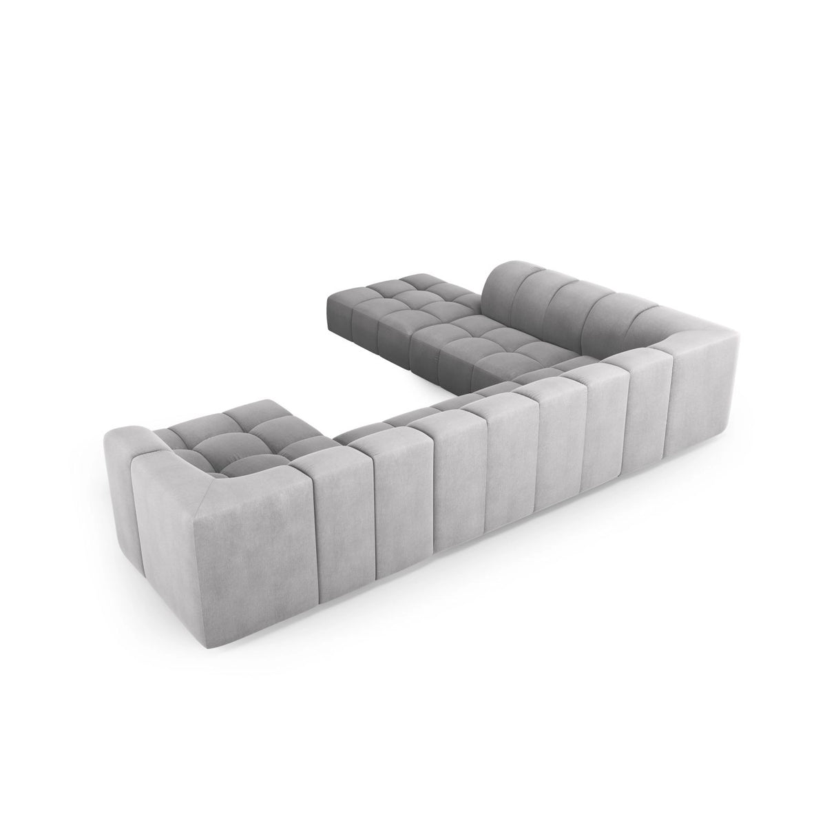 Moritz 7-Sitzer Panorama Ecksofa, Linke Seite, aus Chenille in Hellgrau (Rebel 5), Beine aus Schwarzes Plastik, 329x276x70 cm von Cosmopolitan Design – Bild 3