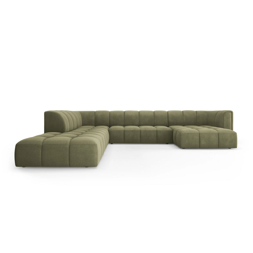 Moritz 7-Sitzer Panorama Ecksofa, Linke Seite, aus Chenille in Hellgrün (Rebel 18), Beine aus Schwarzes Plastik, 329x276x70 cm von Cosmopolitan Design – Bild 1