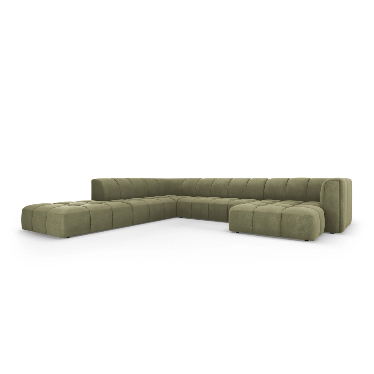 Moritz 7-Sitzer Panorama Ecksofa, Linke Seite, aus Chenille in Hellgrün (Rebel 18), Beine aus Schwarzes Plastik, 329x276x70 cm von Cosmopolitan Design – Bild 2