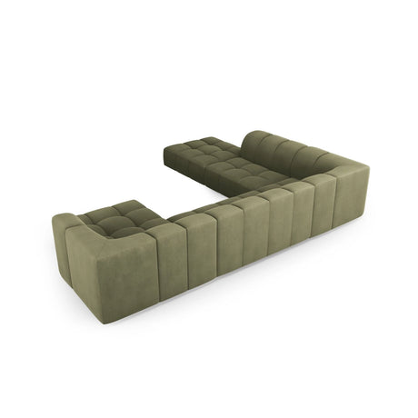 Moritz 7-Sitzer Panorama Ecksofa, Linke Seite, aus Chenille in Hellgrün (Rebel 18), Beine aus Schwarzes Plastik, 329x276x70 cm von Cosmopolitan Design – Bild 3