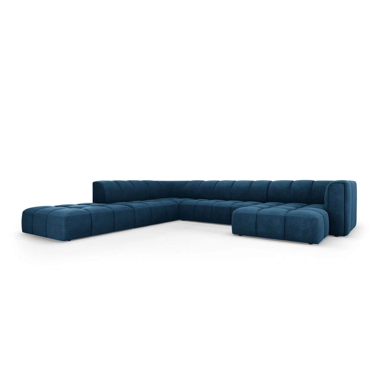 Moritz 7-Sitzer Panorama Ecksofa, Linke Seite, aus Chenille in Königsblau (Rebel 12), Beine aus Schwarzes Plastik, 329x276x70 cm von Cosmopolitan Design – Bild 2