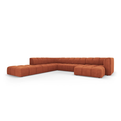 Moritz 7-Sitzer Panorama Ecksofa, Linke Seite, aus Chenille in Orange (Rebel 20), Beine aus Schwarzes Plastik, 329x276x70 cm von Cosmopolitan Design – Bild 2