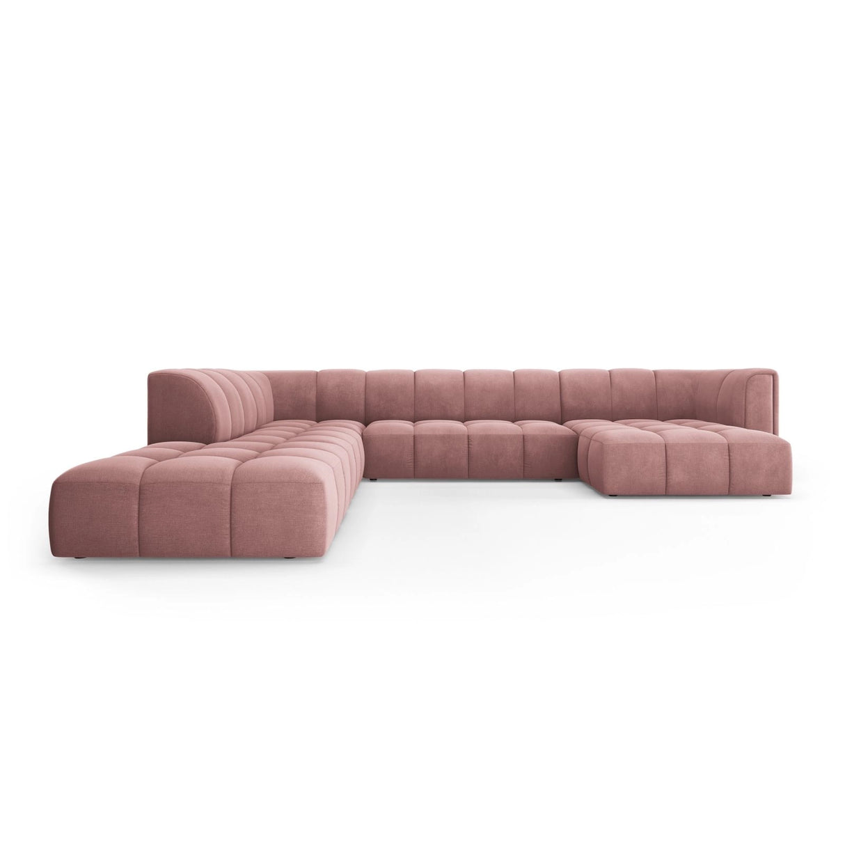 Moritz 7-Sitzer Panorama Ecksofa, Linke Seite, aus Chenille in Rosa (Rebel 7), Beine aus Schwarzes Plastik, 329x276x70 cm von Cosmopolitan Design – Bild 1