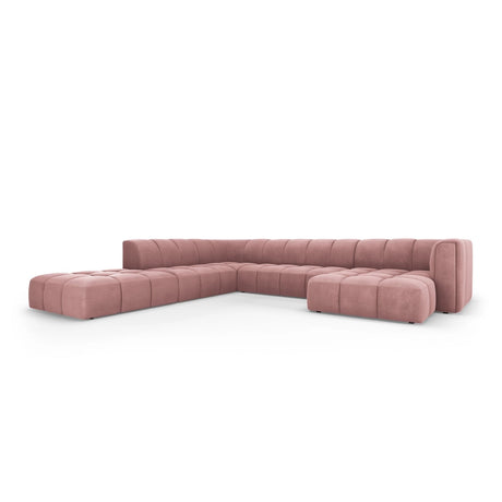 Moritz 7-Sitzer Panorama Ecksofa, Linke Seite, aus Chenille in Rosa (Rebel 7), Beine aus Schwarzes Plastik, 329x276x70 cm von Cosmopolitan Design – Bild 2