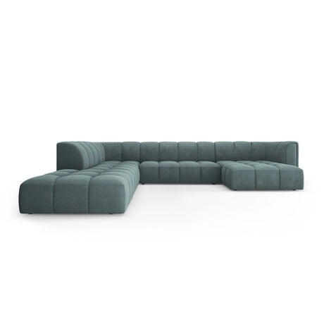 Moritz 7-Sitzer Panorama Ecksofa, Linke Seite, aus Chenille in Seegrün (Rebel 13), Beine aus Schwarzes Plastik, 329x276x70 cm von Cosmopolitan Design – Bild 1