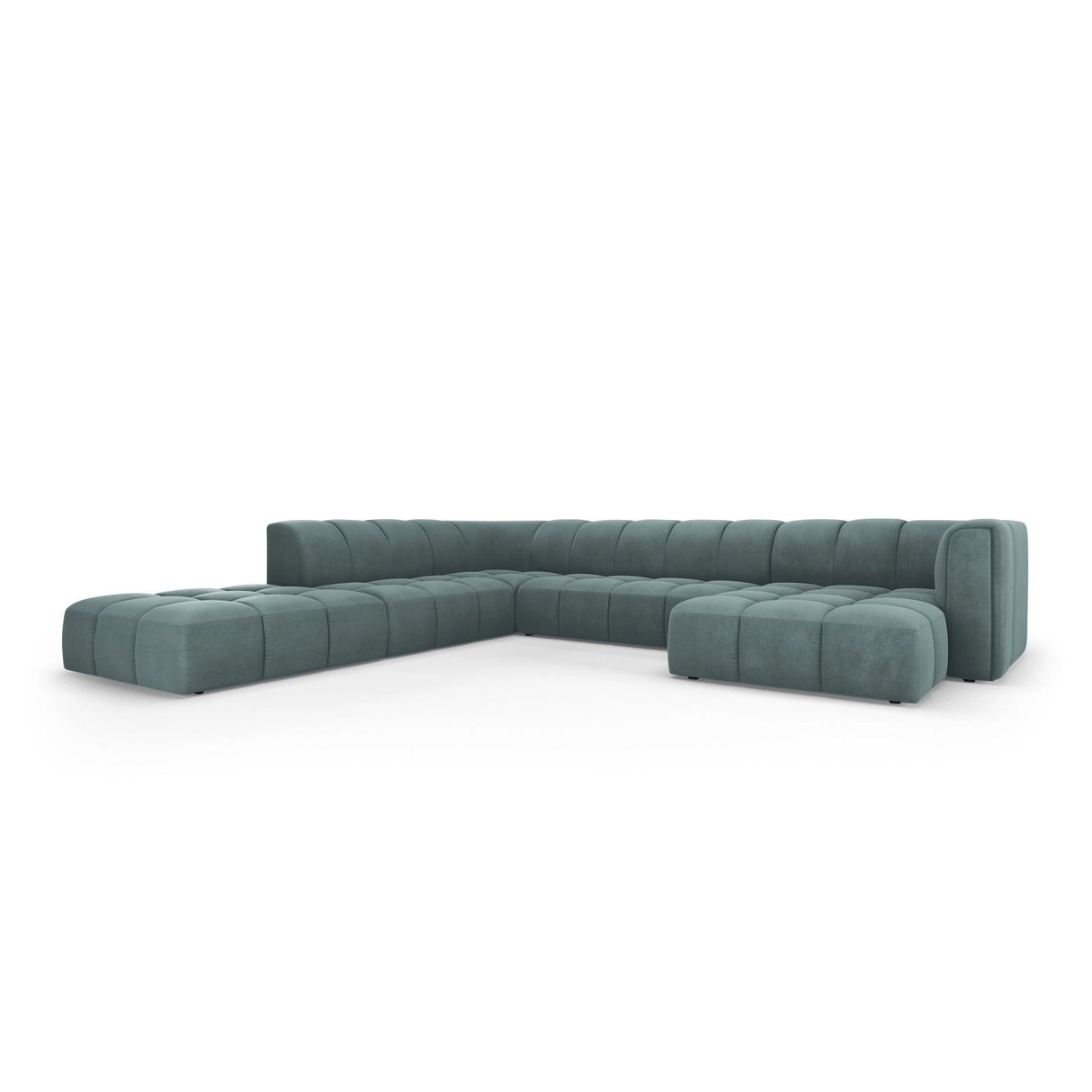 Moritz 7-Sitzer Panorama Ecksofa, Linke Seite, aus Chenille in Seegrün (Rebel 13), Beine aus Schwarzes Plastik, 329x276x70 cm von Cosmopolitan Design – Bild 2