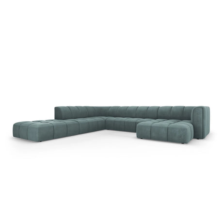 Moritz 7-Sitzer Panorama Ecksofa, Linke Seite, aus Chenille in Seegrün (Rebel 13), Beine aus Schwarzes Plastik, 329x276x70 cm von Cosmopolitan Design – Bild 2