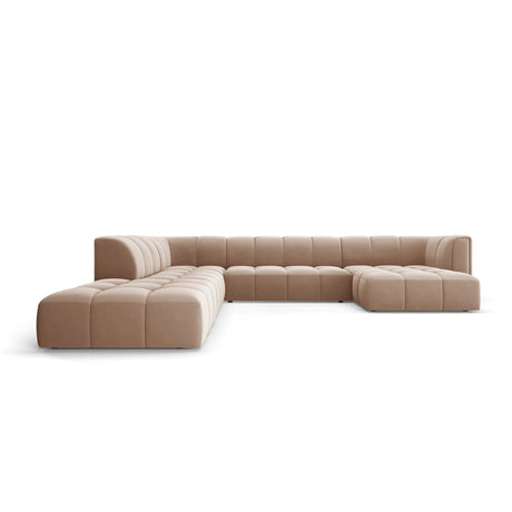 Moritz 7-Sitzer Panorama Ecksofa, Linke Seite, aus Samt in Beige (Bluvel 28), Beine aus Schwarzes Plastik, 329x276x70 cm von Cosmopolitan Design – Bild 1