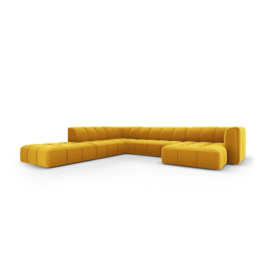 Moritz 7-Sitzer Panorama Ecksofa, Linke Seite, aus Samt in Gelb (Bluvel 68), Beine aus Schwarzes Plastik, 329x276x70 cm von Cosmopolitan Design – Bild 2