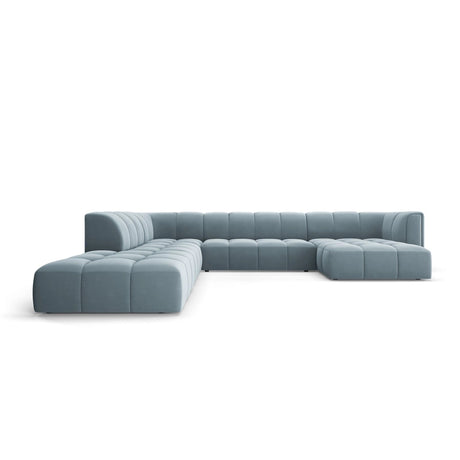 Moritz 7-Sitzer Panorama Ecksofa, Linke Seite, aus Samt in Hellblau (Bluvel 06), Beine aus Schwarzes Plastik, 329x276x70 cm von Cosmopolitan Design – Bild 1