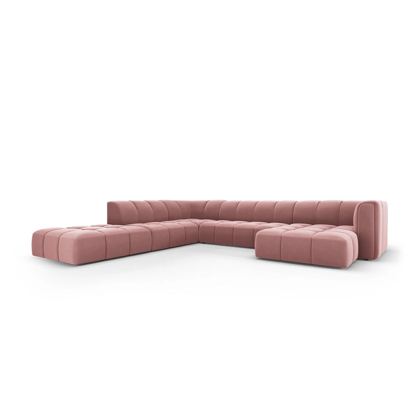 Moritz 7-Sitzer Panorama Ecksofa, Linke Seite, aus Samt in Rosa (Bluvel 52), Beine aus Schwarzes Plastik, 329x276x70 cm von Cosmopolitan Design – Bild 2