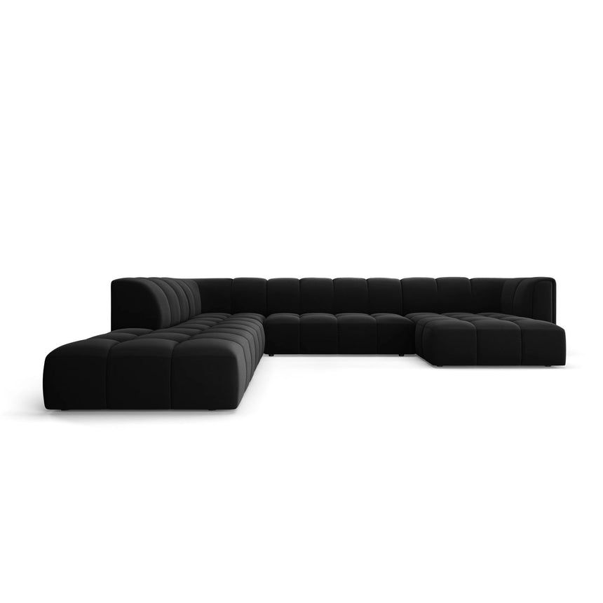 Moritz 7-Sitzer Panorama Ecksofa, Linke Seite, aus Samt in Schwarz (Bluvel 19), Beine aus Schwarzes Plastik, 329x276x70 cm von Cosmopolitan Design – Bild 1