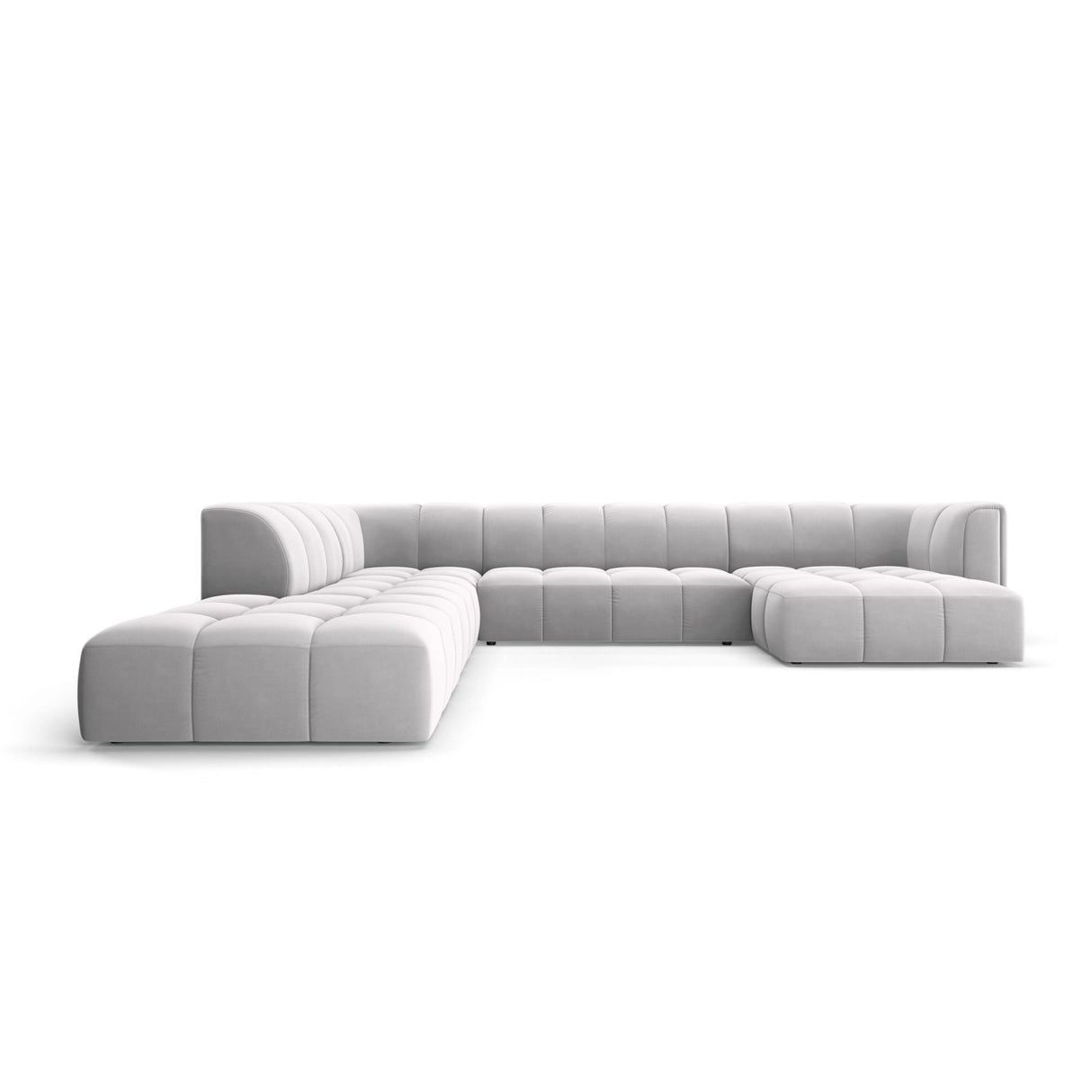 Moritz 7-Sitzer Panorama Ecksofa, Linke Seite, aus Samt in Silber (Bluvel 03), Beine aus Schwarzes Plastik, 329x276x70 cm von Cosmopolitan Design – Bild 1