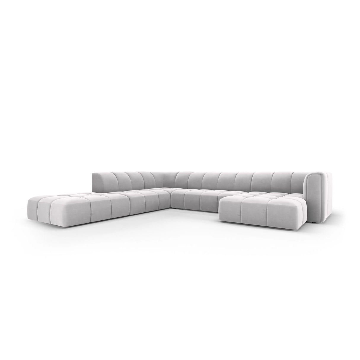 Moritz 7-Sitzer Panorama Ecksofa, Linke Seite, aus Samt in Silber (Bluvel 03), Beine aus Schwarzes Plastik, 329x276x70 cm von Cosmopolitan Design – Bild 2