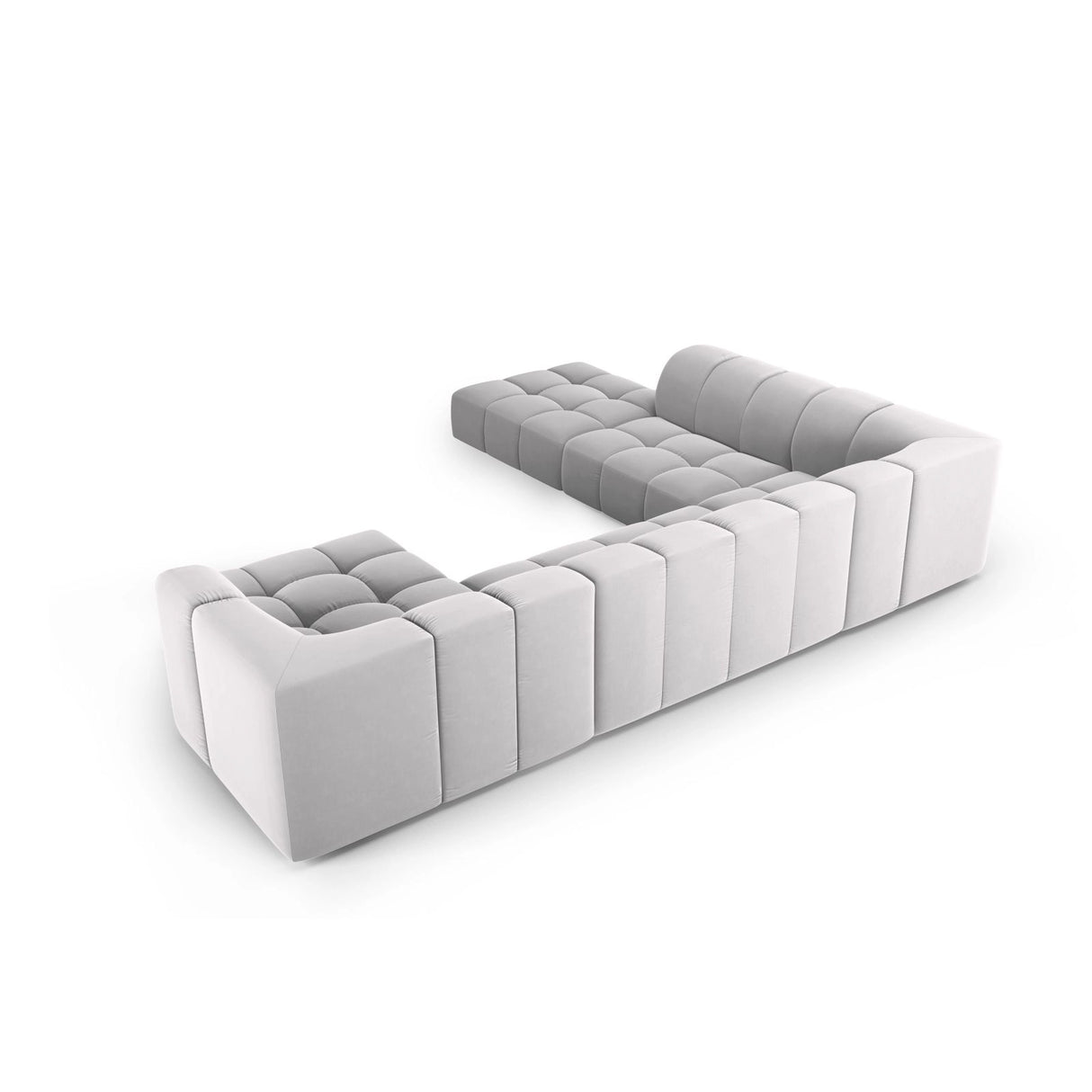 Moritz 7-Sitzer Panorama Ecksofa, Linke Seite, aus Samt in Silber (Bluvel 03), Beine aus Schwarzes Plastik, 329x276x70 cm von Cosmopolitan Design – Bild 3