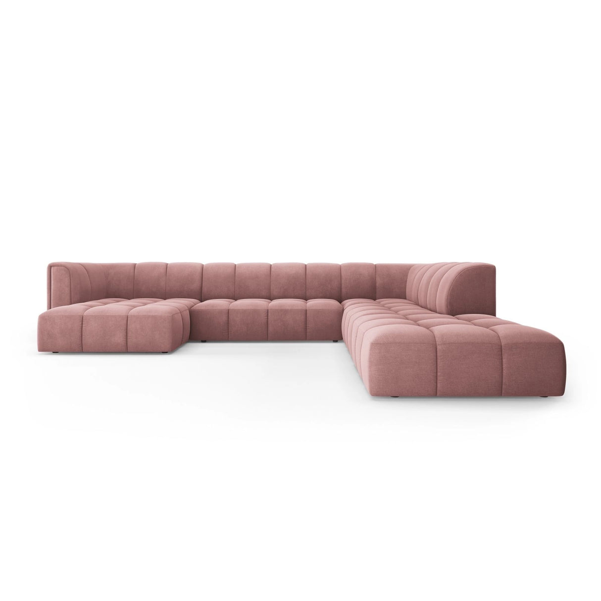 Moritz 7-Sitzer Panorama Ecksofa, Rechte Seite, aus Chenille in Rosa (Rebel 7), Beine aus Schwarzes Plastik, 329x276x70 cm von Cosmopolitan Design – Bild 1