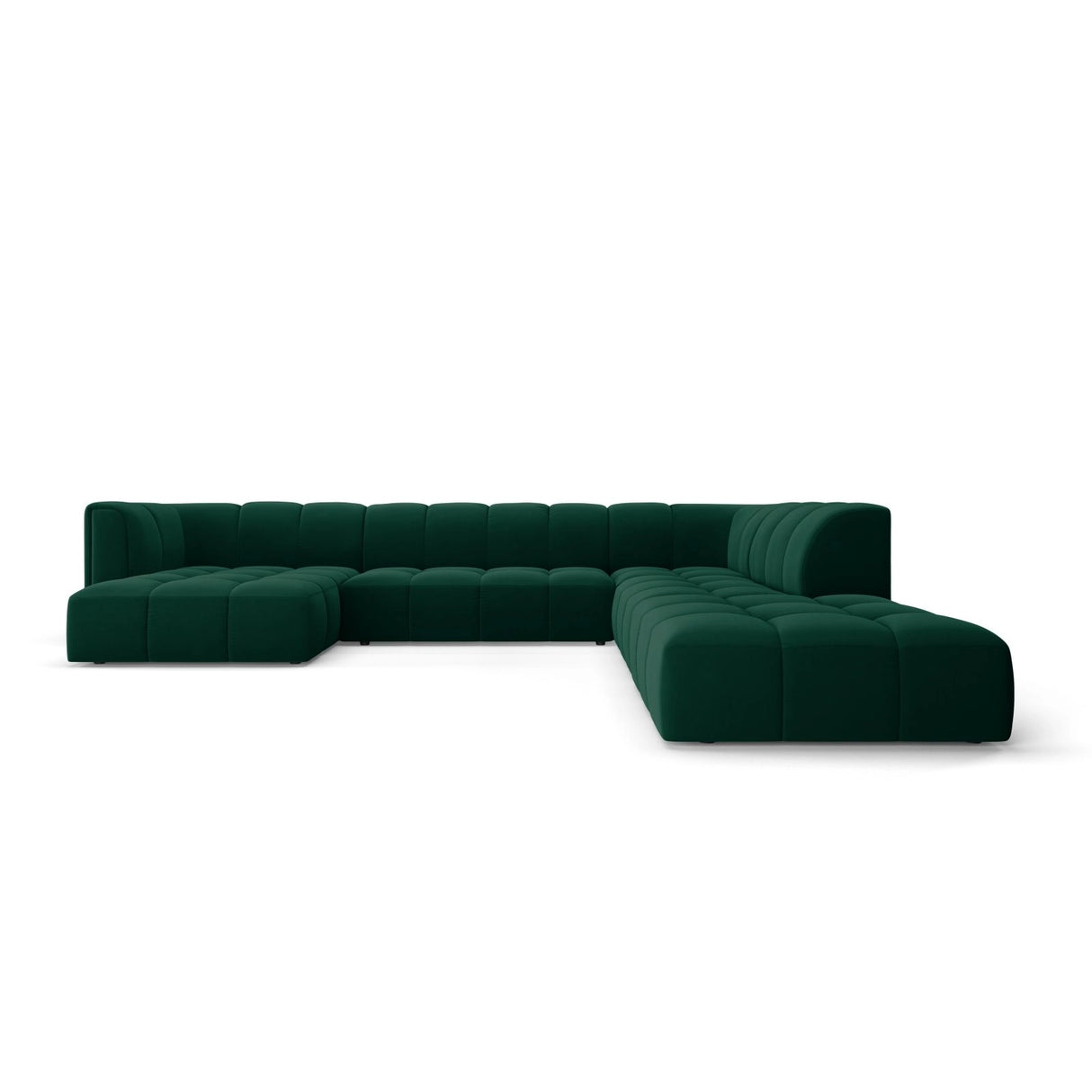 Moritz 7-Sitzer Panorama Ecksofa, Rechte Seite, aus Samt in Flaschengrün (Bluvel 78), Beine aus Schwarzes Plastik, 329x276x70 cm von Cosmopolitan Design – Bild 1