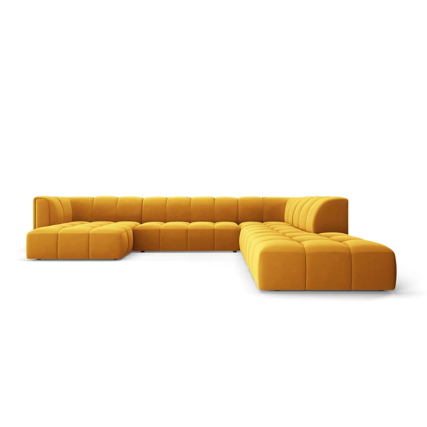 Moritz 7-Sitzer Panorama Ecksofa, Rechte Seite, aus Samt in Gelb (Bluvel 68), Beine aus Schwarzes Plastik, 329x276x70 cm von Cosmopolitan Design – Bild 1