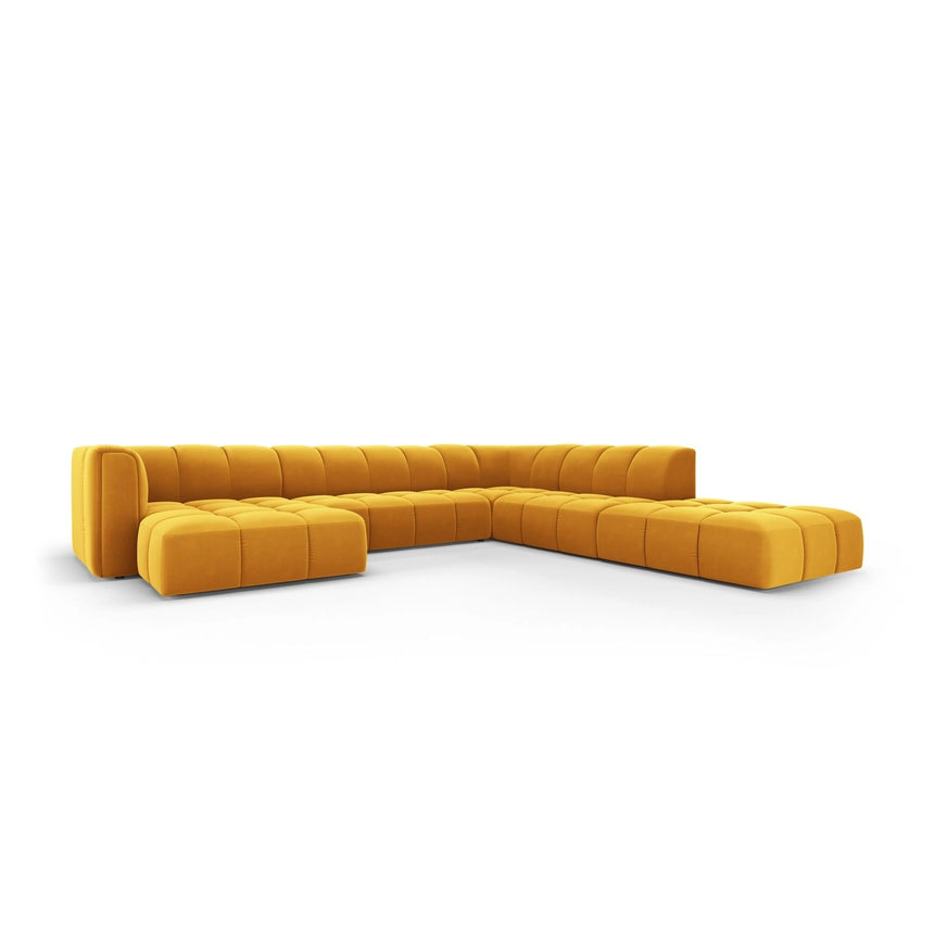 Moritz 7-Sitzer Panorama Ecksofa, Rechte Seite, aus Samt in Gelb (Bluvel 68), Beine aus Schwarzes Plastik, 329x276x70 cm von Cosmopolitan Design – Bild 2
