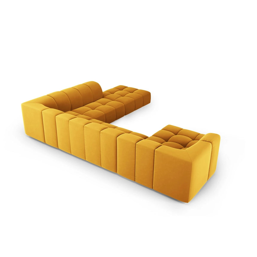 Moritz 7-Sitzer Panorama Ecksofa, Rechte Seite, aus Samt in Gelb (Bluvel 68), Beine aus Schwarzes Plastik, 329x276x70 cm von Cosmopolitan Design – Bild 3