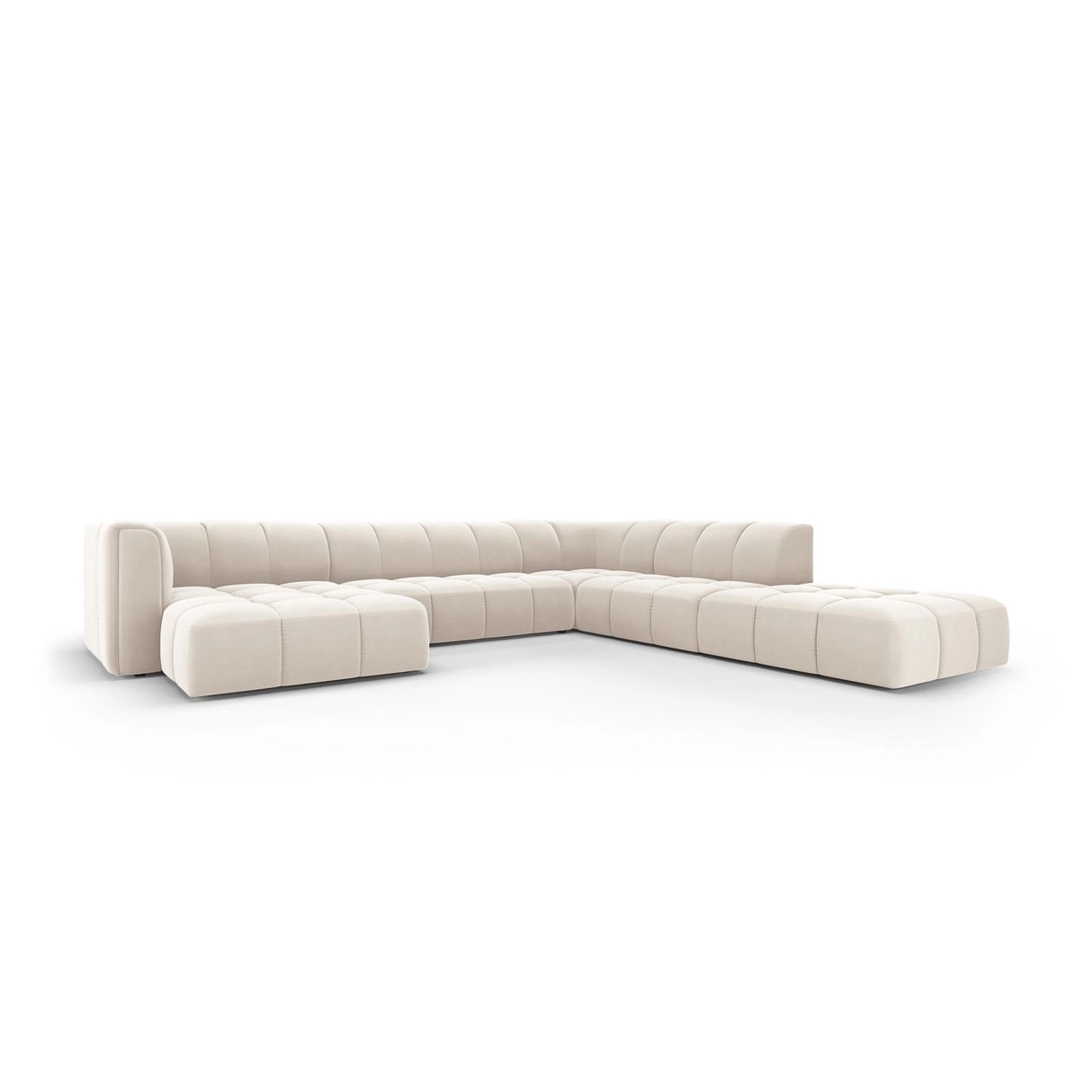 Moritz 7-Sitzer Panorama Ecksofa, Rechte Seite, aus Samt in Hellbeige (Bluvel 22), Beine aus Schwarzes Plastik, 329x276x70 cm von Cosmopolitan Design – Bild 2