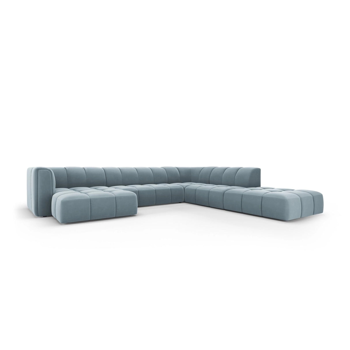 Moritz 7-Sitzer Panorama Ecksofa, Rechte Seite, aus Samt in Hellblau (Bluvel 06), Beine aus Schwarzes Plastik, 329x276x70 cm von Cosmopolitan Design – Bild 2