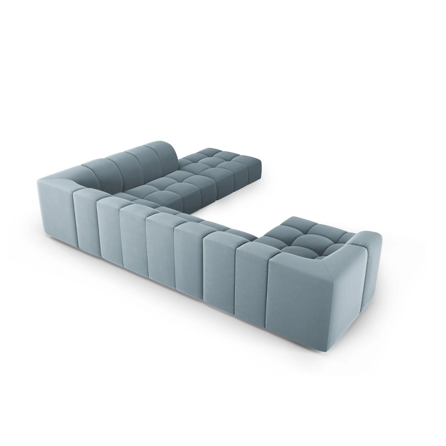 Moritz 7-Sitzer Panorama Ecksofa, Rechte Seite, aus Samt in Hellblau (Bluvel 06), Beine aus Schwarzes Plastik, 329x276x70 cm von Cosmopolitan Design – Bild 3