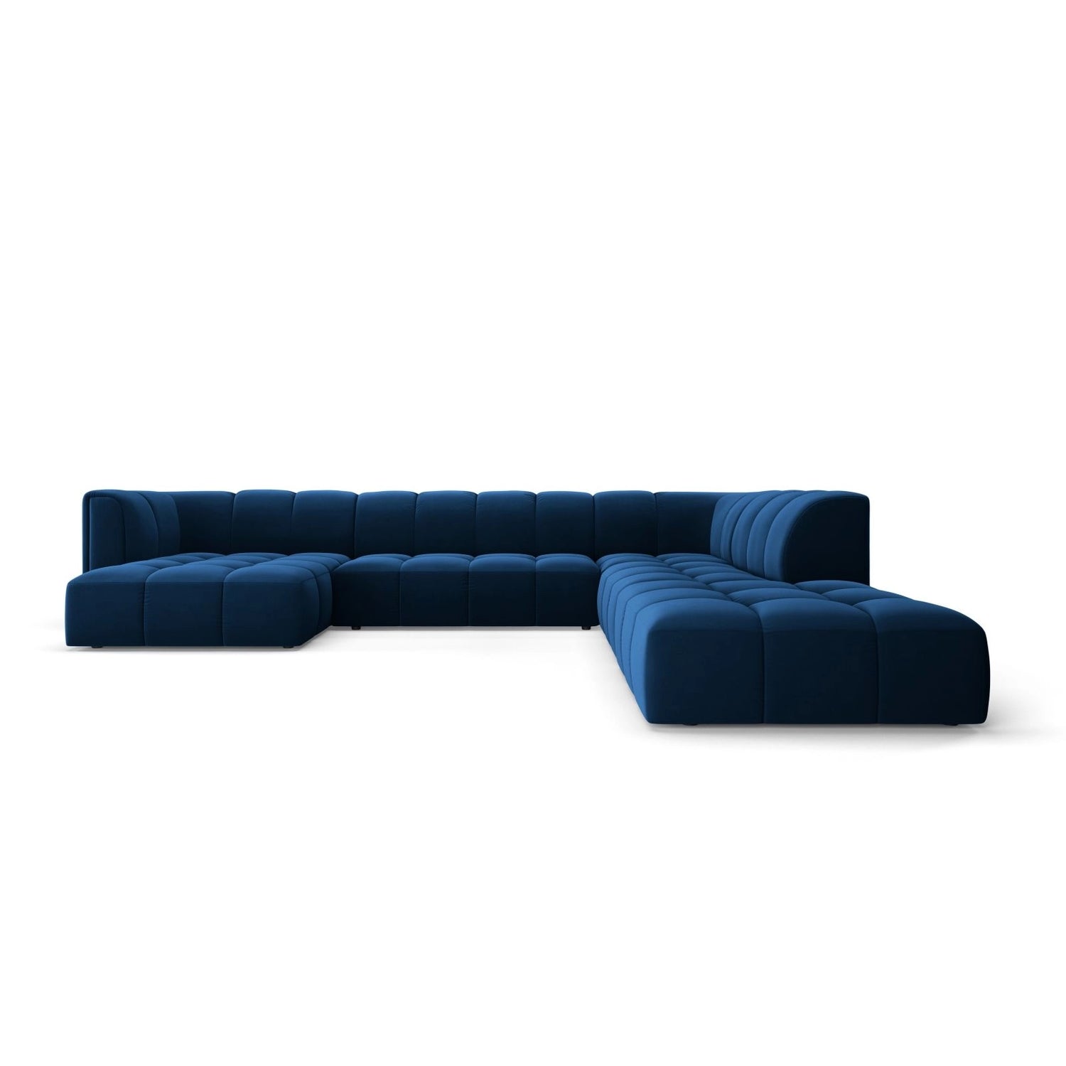 Moritz 7-Sitzer Panorama Ecksofa, Rechte Seite, aus Samt in Königsblau (Bluvel 86), Beine aus Schwarzes Plastik, 329x276x70 cm von Cosmopolitan Design – Bild 1