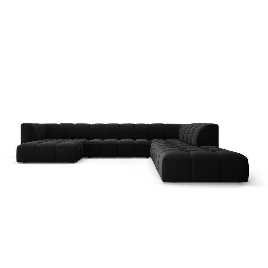 Moritz 7-Sitzer Panorama Ecksofa, Rechte Seite, aus Samt in Schwarz (Bluvel 19), Beine aus Schwarzes Plastik, 329x276x70 cm von Cosmopolitan Design – Bild 1