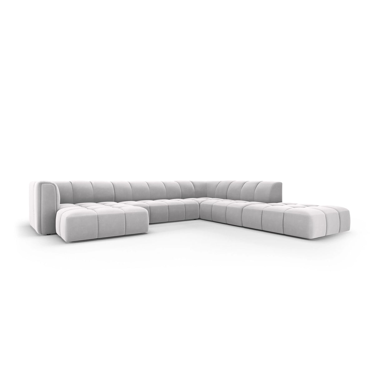 Moritz 7-Sitzer Panorama Ecksofa, Rechte Seite, aus Samt in Silber (Bluvel 03), Beine aus Schwarzes Plastik, 329x276x70 cm von Cosmopolitan Design – Bild 2
