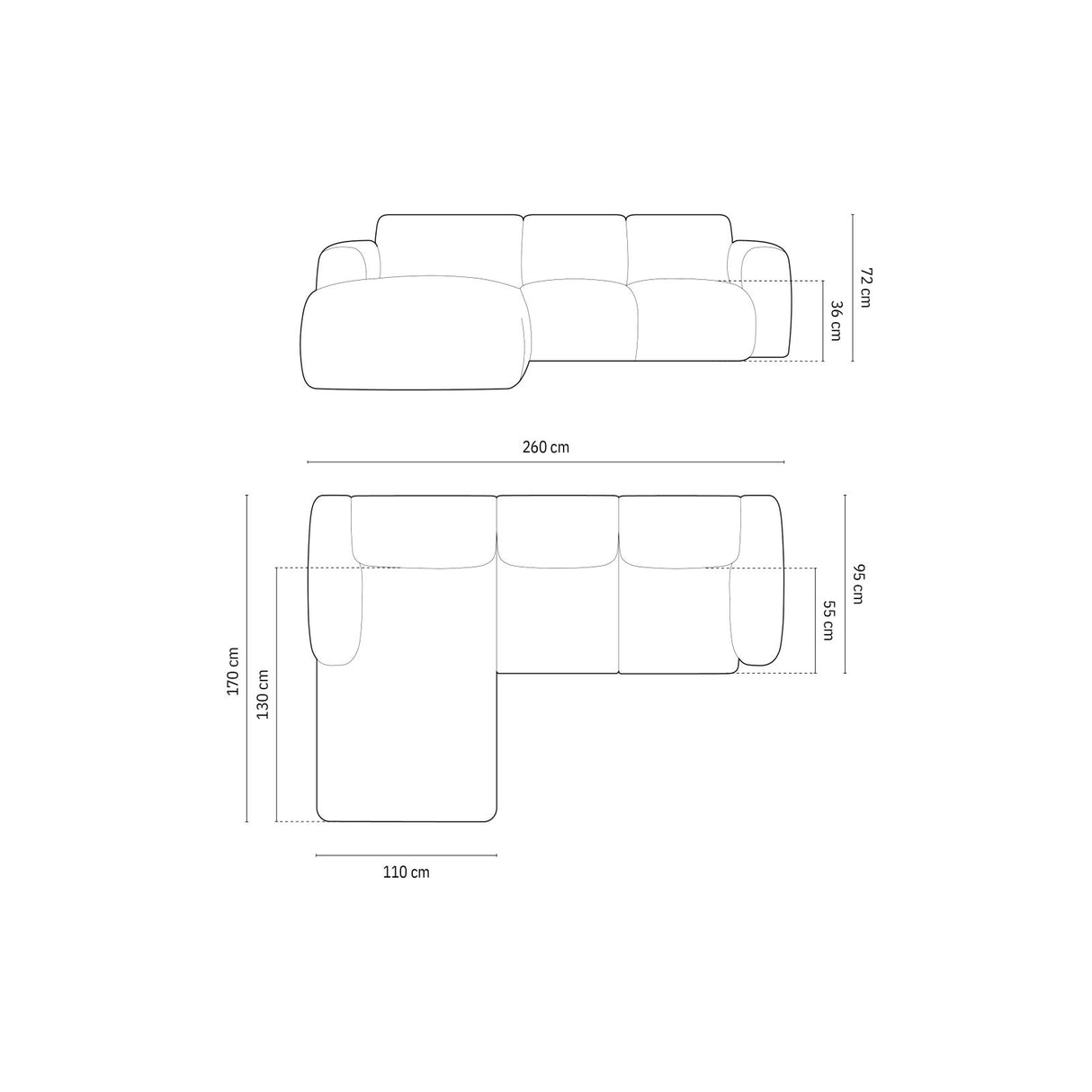 Nolio 4-Sitzer Ecksofa, Linke Seite, aus Samt in Dunkelgrau (Casino Graphite), 260x170x72 cm von Cosmopolitan Design – Bild 3