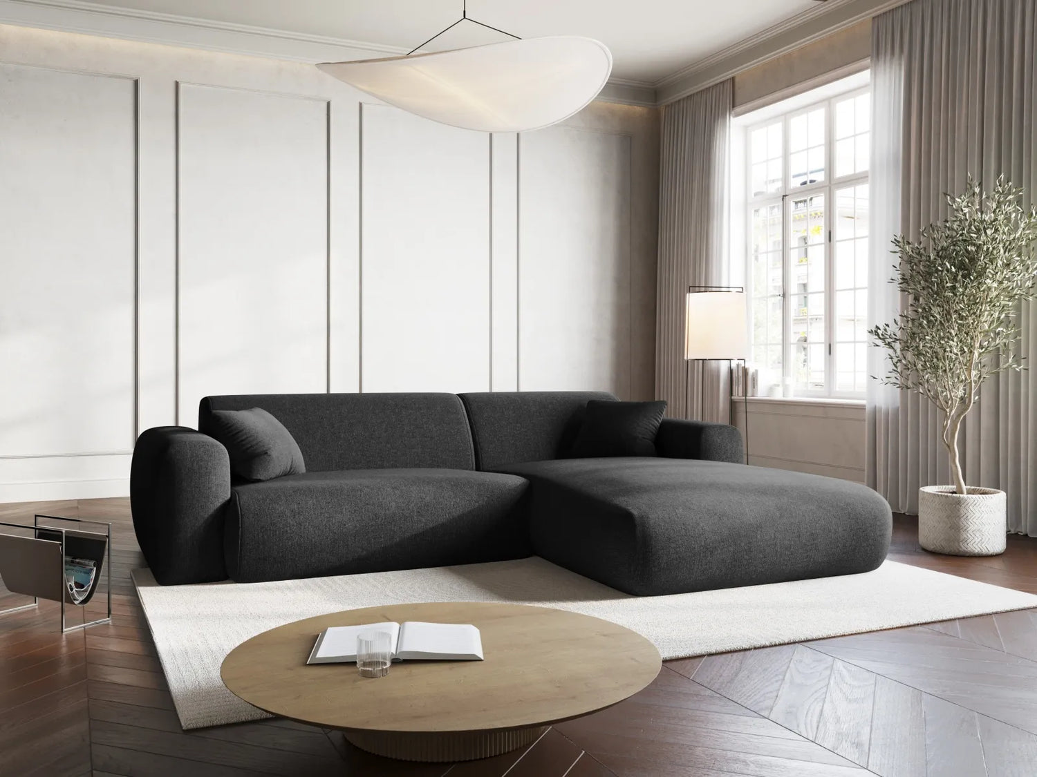 Nolio 4-Sitzer Ecksofa, Rechte Seite, aus Chenille in Schwarz (Haga 19), 235x170x72 cm von Cosmopolitan Design – Bild 2