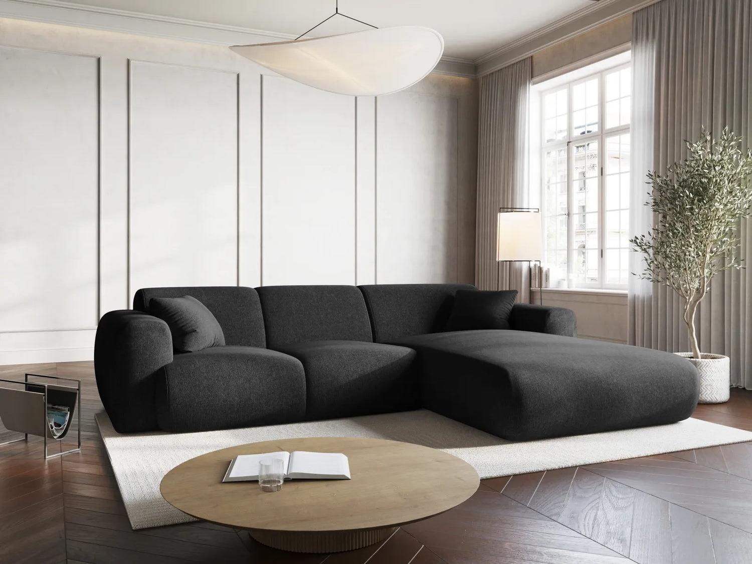 Nolio 4-Sitzer Ecksofa, Rechte Seite, aus Chenille in Schwarz (Haga 19), 260x170x72 cm von Cosmopolitan Design – Bild 2
