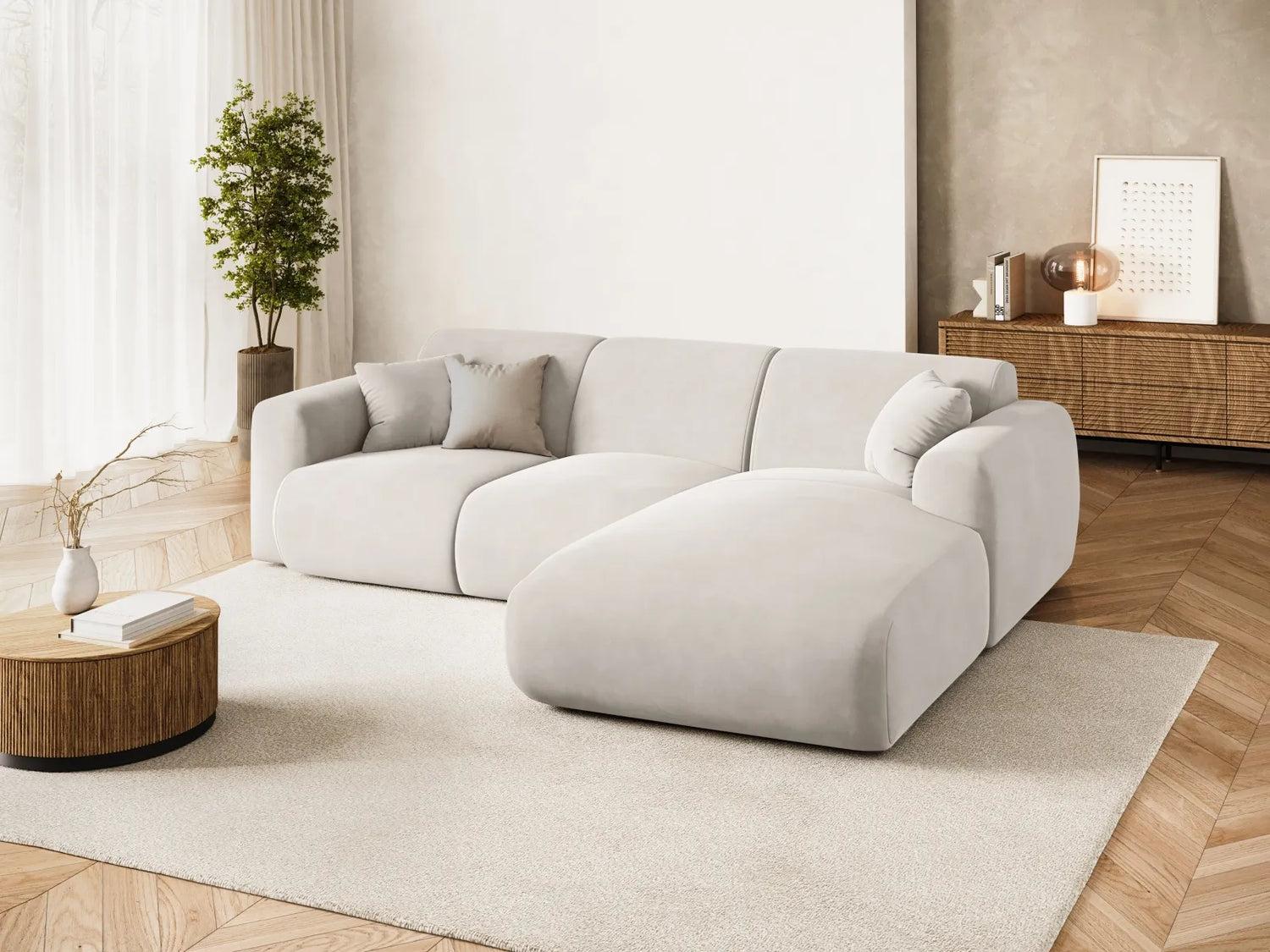 Nolio 4-Sitzer Ecksofa, Rechte Seite, aus Samt in Hellbeige (Casino Pearl), 260x170x72 cm von Cosmopolitan Design – Bild 2